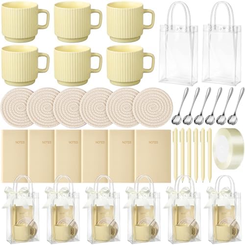 36 Pcs/6 Sets Baby Shower Prizes for Winners Include Ceramic Mugs with Spoons Woven Coasters Notebooks with Pens Clear PVC Gift Bags for Bridal Shower Party Favors (Yellow) by Acellegic