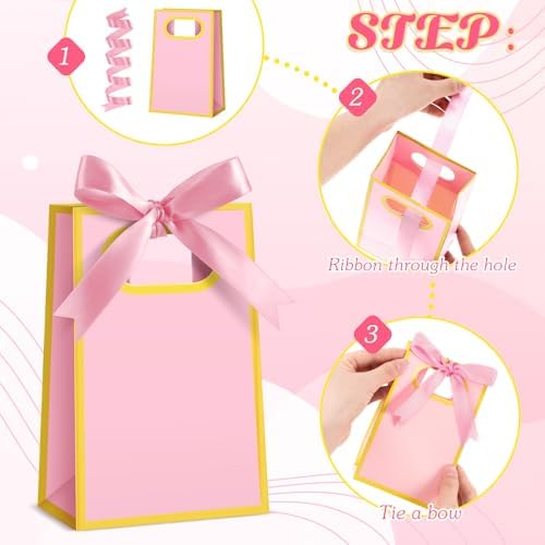 AmazingSpark 50 Pcs Pink Gold Mini Gift Bags Bulk 6.3 x 3.9 x 2.8 Inch Party Favors Elegant Small Gift Bags with Handles and Ribbon Bows for Wedding Birthday Bridal Baby Shower Party Favors - Image 5