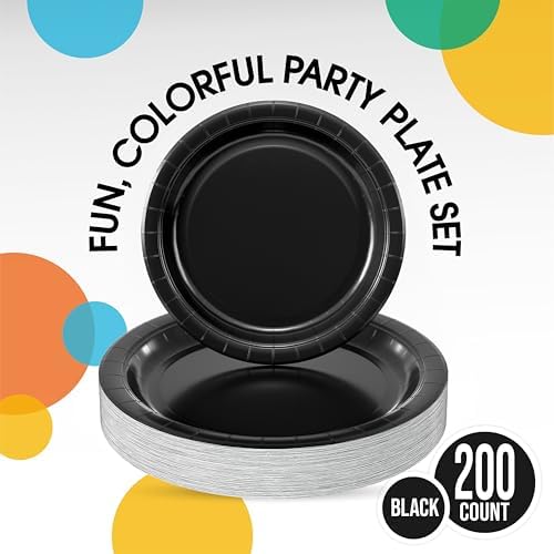 Party Solids Exquisite Black Paper Plates Disposable Heavy Duty 200 Pcs - 100-7" & 100-9" Black Disposable Plates For Party Heavy Duty 350 GSM For Birthday Supplies - Image 2
