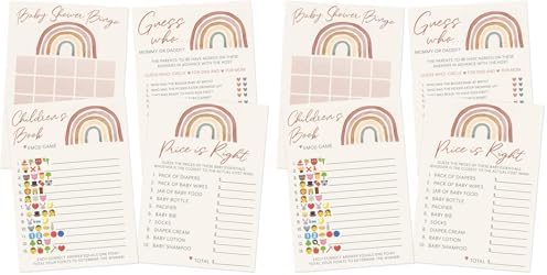 Printed Party Baby Shower Game Set – 4 Games & Activities for 30 Guests, Includes Bingo, Emoji Guessing, Price is Right, and Guess Who Trivia, Boho Rainbow Theme for Baby Girl (Pack of 2) by PrintedParty