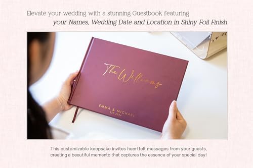 Personalized Foil Wedding Guest Book - 11.5 x 8.5 Custom Wine Colored Guestbook with Customizable First Last Name Date Cover, Hardcover Photo Book for Sign in at Reception Baby Bridal Shower Party - Image 3