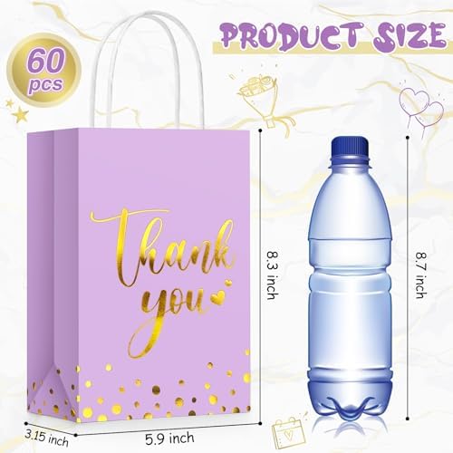 PerKoop 60 Pack Thank You Paper Gift Bags, Classic, Light Purple - Image 3