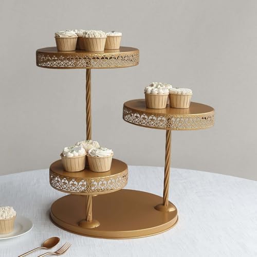 Efavormart 3-Tier Gold Metal Cupcake Tower Dessert Stand, Hollow Lace Design Round Tiered Cake Stand - 21" - Image 4