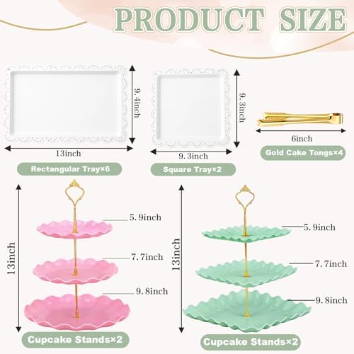 Remerry 16 Pcs Dessert Table Display Set 3 Tier Cake Stands, Pink and Green - Image 4