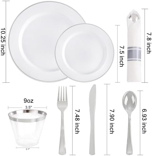 SUT 175 Pcs Silver Plastic Dinnerware Set for 25 Guests, Include: 25 Dinner Plates, 25 Dessert Plates, 25 Pre Rolled Napkins With Silver Silverware, 25 Cups, Disposable Plates for Wedding, Party - Image 2