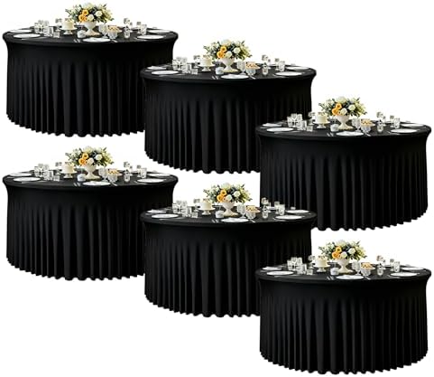 6 Pack Round Black Tablecloths, Fitted Table Cloths for 6 foot Round Tables, Washable 132 Inch Table Skirt for Wedding Birthday Photography Themed Parties Banquet Holidays Black Party Decorations by Creativepartyuniquedecorat