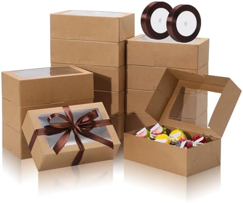 COTOPHER 30Pcs Cookie Boxes with Ribbons, 9x6x3 Inch Brown Bakery Boxes by COTOPHER