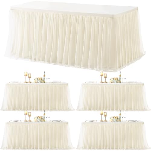 4 Pack Champagne Table Cloth for 6 Foot Rectangle Tables, Stretch Fitted Tulle Table Covers Skirt, Rectangular Ruffle Tutu Tablecloth Wedding Banquet Baby Shower Cake Tablecloths Decorations by Tao-GePartyDecorations