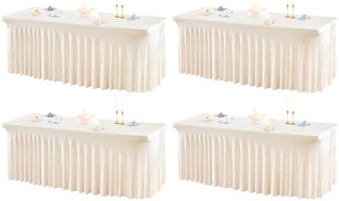 4 Packs Ivory Table Clothes for 8 Foot Rectangle Tables, One-Piece Wrinkle Resistant Stretch Spandex Table Covers with Skirt for Event Banquet Wedding Birthday Party by PartyTalk