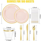 GATHER 700PCS Pink Plastic Plates 100 Guest with Gold Rim for Wedding Party - Image 2