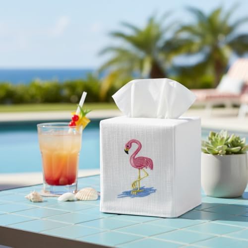 Jacaranda Living Square Tissue Box Cover, Linen/Cotton Tissue Holder, Decorative Cloth Tissue Cover, Fits Standard Square Tissue Boxes, Embroidered Animal Designs, Flamingo (Pink) - Image 3