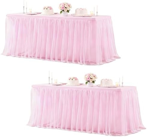 2 Pack Pink Tablecloth Rectangle 6ft Elastic Fitted Tulle Table Cloth Stretch Spandex Rectangular Table Cover with Ruffle Skirt for Wedding Baby Shower Birthday Party Banquet Cake Dessert Table Decor by Besutolife
