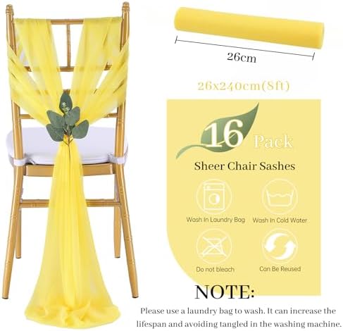 QueenDream Yellow Chair Sashes Wedding: 16 Pieces Long Sheer Wedding Aisle Chair Decorations Tulle Chairs Covers with Artificial Eucalyptus - Image 7