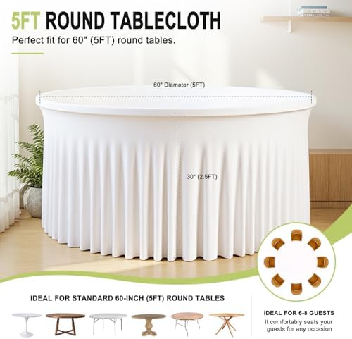 12 Pack White Table Cloth for 5FT Round Tables, Fitted Spandex 120 inch Round Tablecloth, Wrinkle Free White Table Skirt for Receptions Birthday Holiday Dinner Banquet Engagement Party Decoration - Image 2