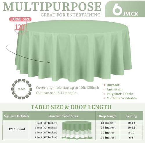 Showgeous 120 Inch Sage Green Round Tablecloths, Polyester Table Covers - Image 2
