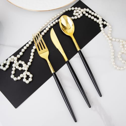 I00000 300Pcs Black Plastic Silverware, Happy New Year Gold Disposable Silverware, Black and Gold Plastic Utensils Include 100 Forks 100 Knives 100 Spoons,Disposable Cutlery for Wedding (Pack of 2) - Image 3
