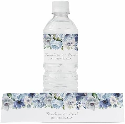 Personalized Water Bottle Labels with Choice of 30 Flower Styles - Choose Font and Pre-Made Phrases or Design Custom Text - LABELS ONLY (021 Blue Flowers, 2 inch (8.5x2")) by ThePaperedWedding