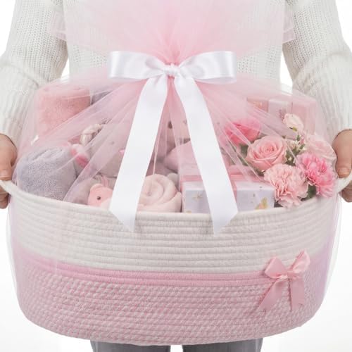 Colingmill Large Mother’s Day Gift Basket Empty 17”x13”x7.6” Storage Basket with Gift Bag Ribbon and Tulle Gifts Card Paper Filler for DIY Baby Toy Baskets with Handles by Colingmill