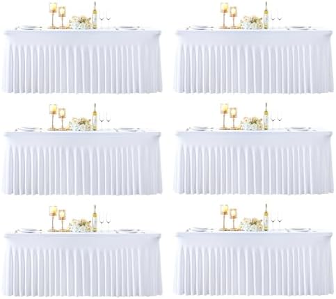 6 Pack 8ft White Spandex Tablecloths for Rectangle Tables Wrinkle Free White Rectangle Table Cloth, Stretch Fitted Table Cover with Skirt for Wedding Birthday Party Banquet Baby Shower Buffet Event by Suppromo