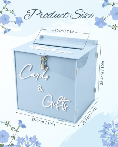 Sky Blue Acrylic Wedding Card Box with Lock, 10" Card Holder with Slot - Image 2