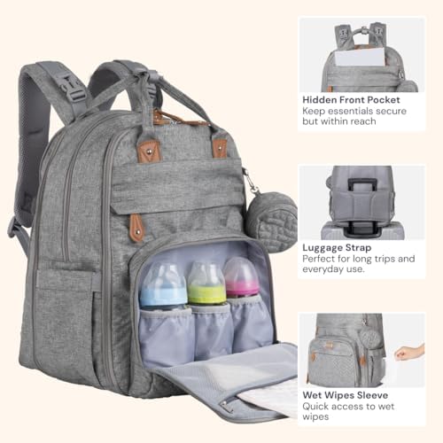 BabbleRoo Extra Large Diaper Bag Backpack, Expandable Baby Bag with Up to 50% More Capacity - Travel Essentials Baby Bag Tote with Changing Pad, Stroller Straps & Pacifier Case - Unisex, Light Gray - Image 5