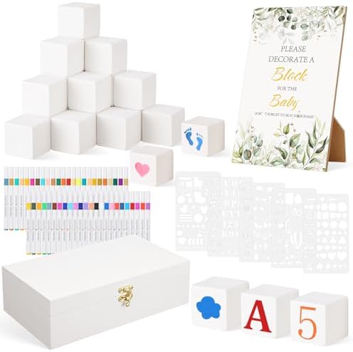 119 Pcs Baby Shower Game – 64 White Wooden Cubes to Decorate, Storage Box, 48 Acrylic Markers, 5 stencil templates & Instruction Sign by giftlyze
