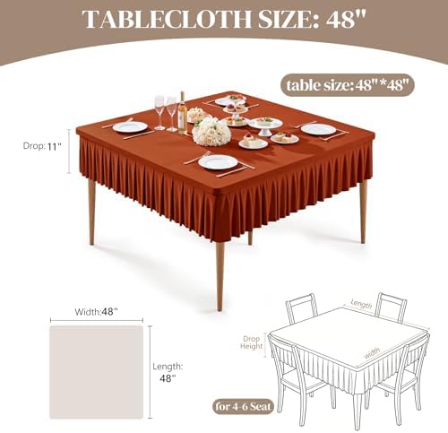 Wish Care 2 Pack Rust Spandex Tablecloths for 48x48 Inch Square Tables, Stretch Fitted Table Clothes with Pleated Ruffle Skirt for 48” Table, Wrinkle Free and Elastic, for Party Kitchen Home Dining - Image 4