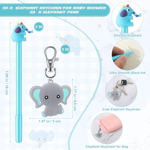 Engrowtic 50 Sets Baby Shower Favors for Guests Gifts Includes 50 Blue Elephant Keychain 50 Thank You Cards 50 Elephant Pens 50 Organza Bags Party Favor Gift Bags for Birthday Gender Reveal Party - Image 2