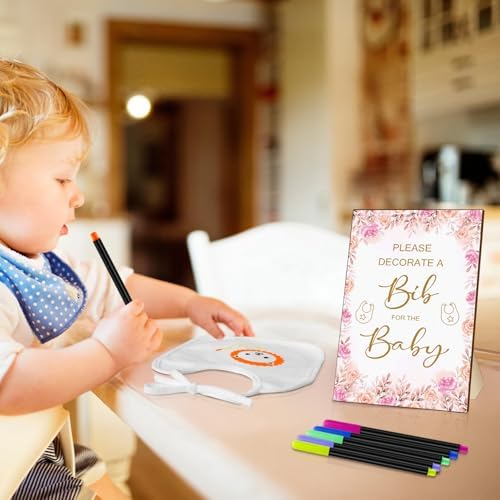 SytuHe 95 Pcs DIY Baby Bibs Decorating Kit50 White Bibs 24 Stencils 20 Fabric Markers 1 Baby Shower Game Sign - Image 4
