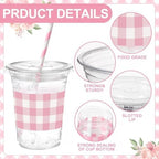 Sliner 50 Sets 16oz Pink White Gingham Party Plastic Cups - Image 2