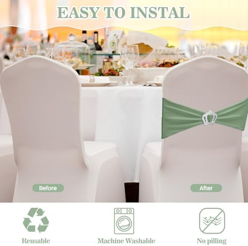 VitalCozy 100 Pcs Spandex Chair Sashes with Crown Buckle,Sage Green - Image 4