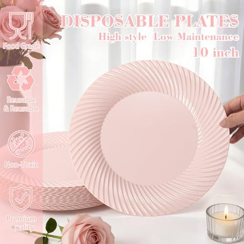 IOOOOO 100Pcs 10" Pink Plastic Dinner Plates, Premium Pink Plates for Party - Image 2