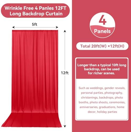 20ftx12ft Red Backdrop Curtains for Wedding Party 4 Panels 5×12FT Tall - Image 4