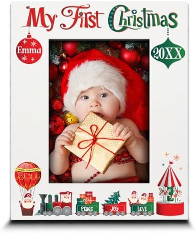 BELLA BUSTA-My First Christmas Picture Frame-Babys 1st Christmas-The Santa Train -Merry Christmas-Peace-Joy-Love-UV Print Picture Frame (5x7 Vertical) by BELLA+BUSTA