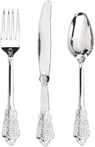 WDF 360 Pieces Silver Plastic Silverware- Disposable Flatware - Heavyweight Plastic Cutlery- Includes 120 Forks, 120 Spoons, 120 Knives for Christmas by WDF