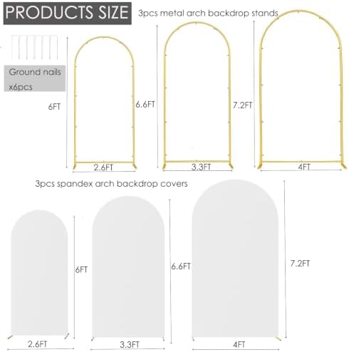 Set of 3 Metal Arch Backdrop Stands with White Covers, 6/6.6/7.2FT - Image 3