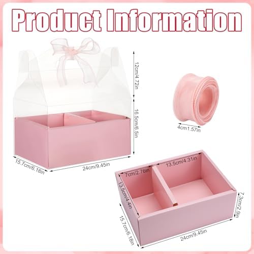 Honeydak 10 Pcs Cake Flower Clear Gift Boxes with Handle 4 in, Pink, Bow - Image 2