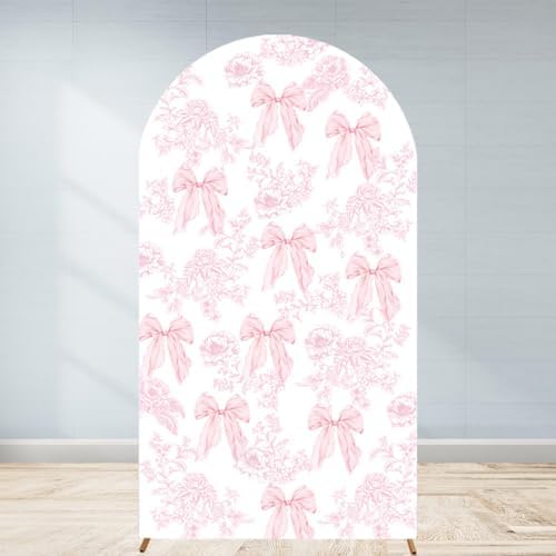 Pink Bow Floral Arch Backdrop Cover 6.6ft Flower Coquette Girl Baby in Bloom Bridal Shower Party Pastel Toile Birthday Wedding Bride to Be Stretchy Fitted Arched Photo Booth Sign by Unknown