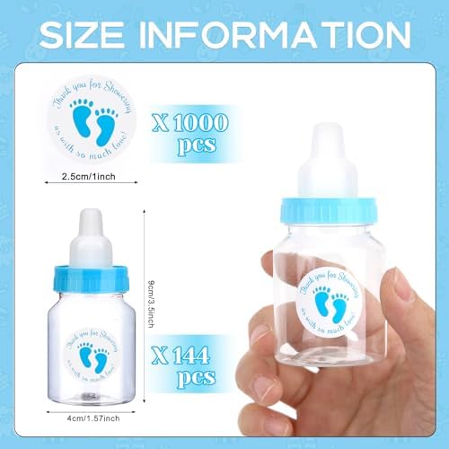 144 Blue Mini Baby Bottles for Baby Shower Favors - Plastic, Vented, Standard Bottle, 5.5 oz, Set of 144 with 500 Stickers - Baby Boy Shower Party Games Decorations - Image 2