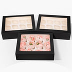 qiqee Auto-pop Up Cupcake Boxes with Window Black 40PCS 12 Count Cupcake Box 13"x10"x3.5" Cupcakes Carrier, 12 Cupcake Containers with 2 rolls of pink ribbons - Image 2