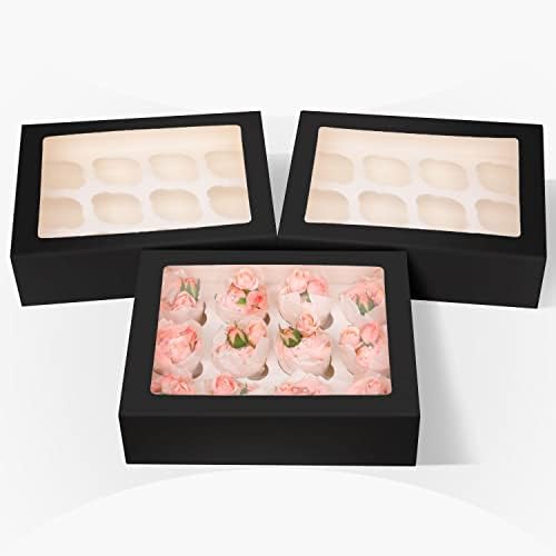 qiqee Auto-pop Up Cupcake Boxes with Window Black 40PCS 12 Count Cupcake Box 13"x10"x3.5" Cupcakes Carrier, 12 Cupcake Containers with 2 rolls of pink ribbons - Image 2