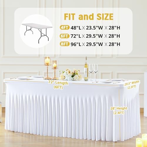 Besutolife White Tablecloths for Rectangle Tables 6ft Spandex Table Skirt One-Piece Wrinkle-Resistant Ruffles Design for Banquets Parties Wedding Dining Table - Image 5