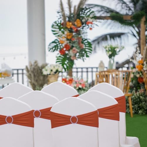 Pack of 50 Spandex Terracotta Chair Sashes Bows Elastic Chair Bands with Buckles for Wedding Reception Banquet Bridal Shower Halloween Decorations - Terracotta/Brick Red - Image 7