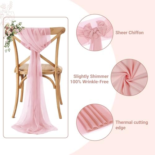 MDS Pack of 25 Chiffon Chair Sashes for Wedding & Event Décor - Dusty Rose - Image 3