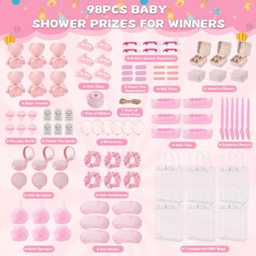 98 PCS Baby Shower Prizes for Game Winners, Pink Spa Party Favors Gifts with Sleep Masks Jewelry Box Scrunchies Claw Clips Powder Puff Gift Bags and Thank You Cards for Guests Bridal Shower (Pink) - Image 2