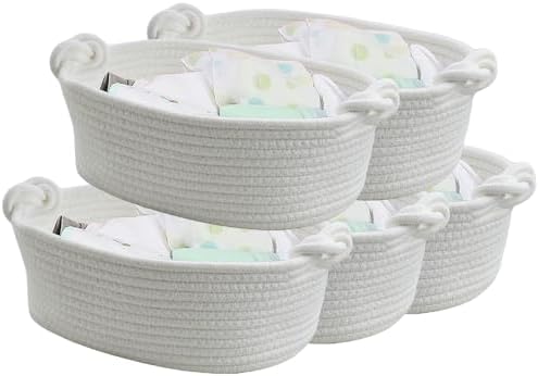 5 Pack Small Woven Cotton Rope Storage Basket with Gifts Bag and Ribbons, Natural Decorative Organizer Bin with Handles for Nursery, Living Room, Closet, Shelf, White Twisted Handle by Lifenanny