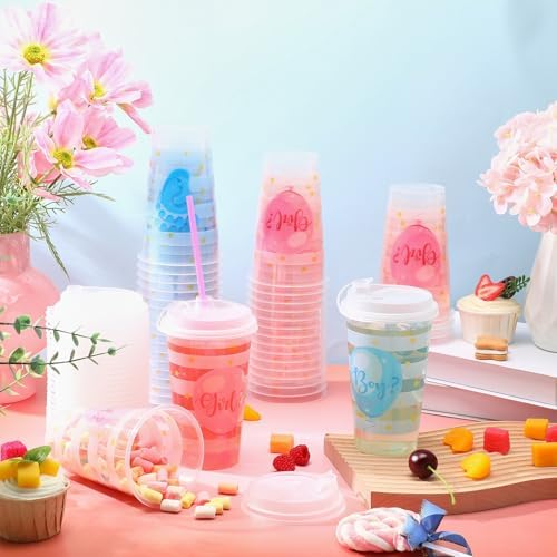 Remerry 50 Sets Gender Reveal Party Cups with Lids and Straws - 17 Oz Plastic Pink and Blue Clear Cups Bulk for Birthday Party Baby Shower Theme Events Decorations Supplies - Image 6