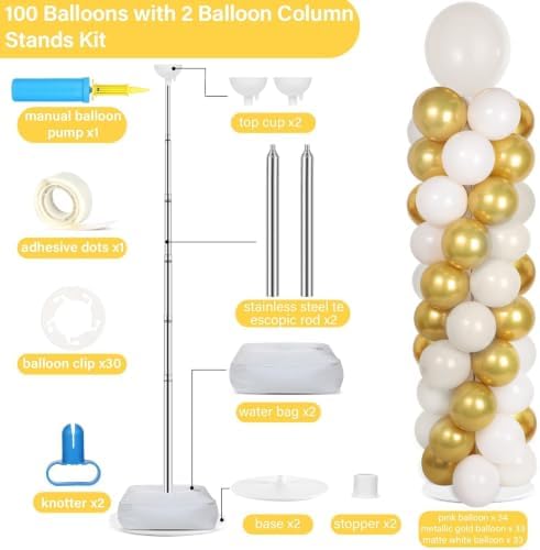 2 Sets Adjustable Balloon Column Stand Kit with Bases（ Sand White Gold） - Image 2