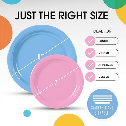 Party Solids Exquisite Light Blue & Pink Mixed Paper Plates - 7" & 9", 200 Pack (100 each), 350 GSM - Image 3