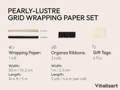 Vitalizart Black Metallic Grid Wrapping Paper Set 30" Organza Ribbon & Tags - Image 2